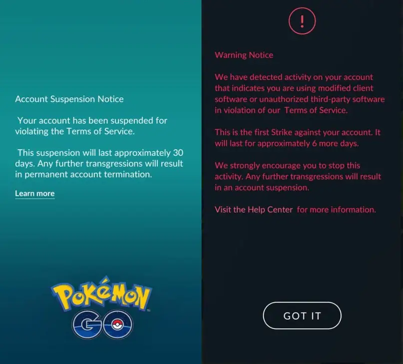 pokemon go ban notification